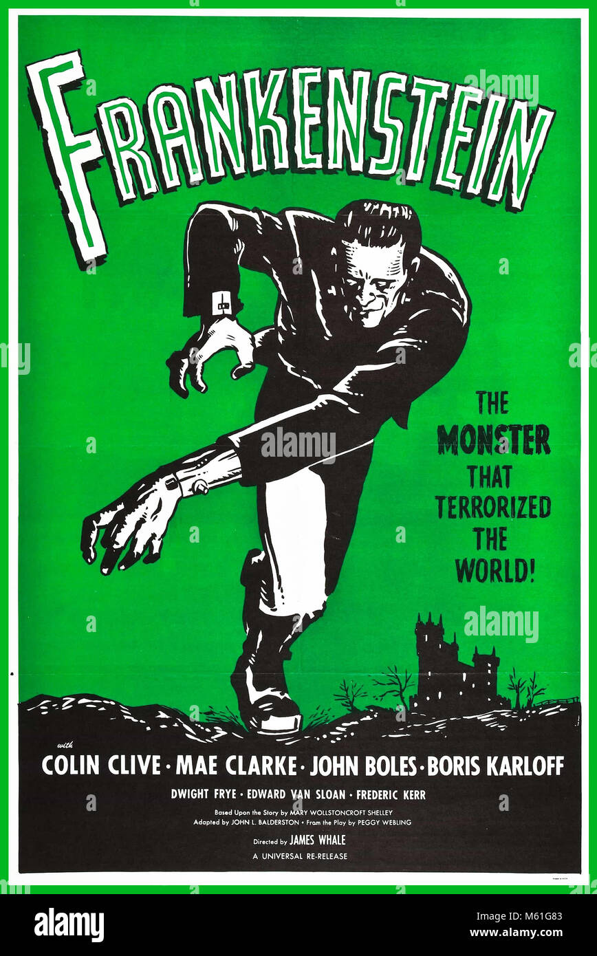 1930's Frankenstein Vintage Horror Movie Poster 1931 with Colin Clive Mae Clarke John Boles and Boris Karloff Stock Photo