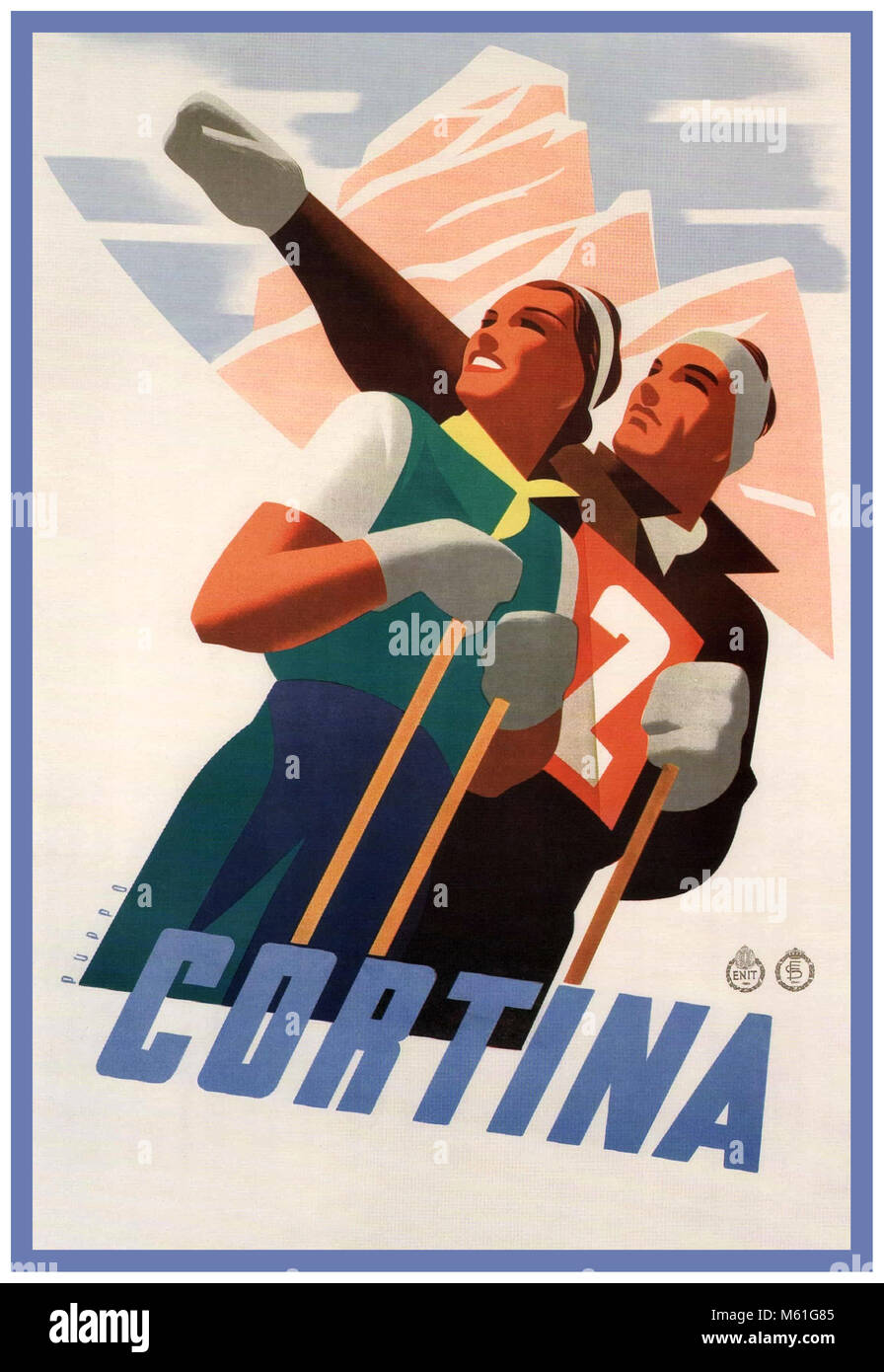 1930's Vintage Skiing Winter Tourism Poster Cortina Italy 1938. Retro Italian Skiing promotion used for travel advertisement promotion poster display Stock Photo