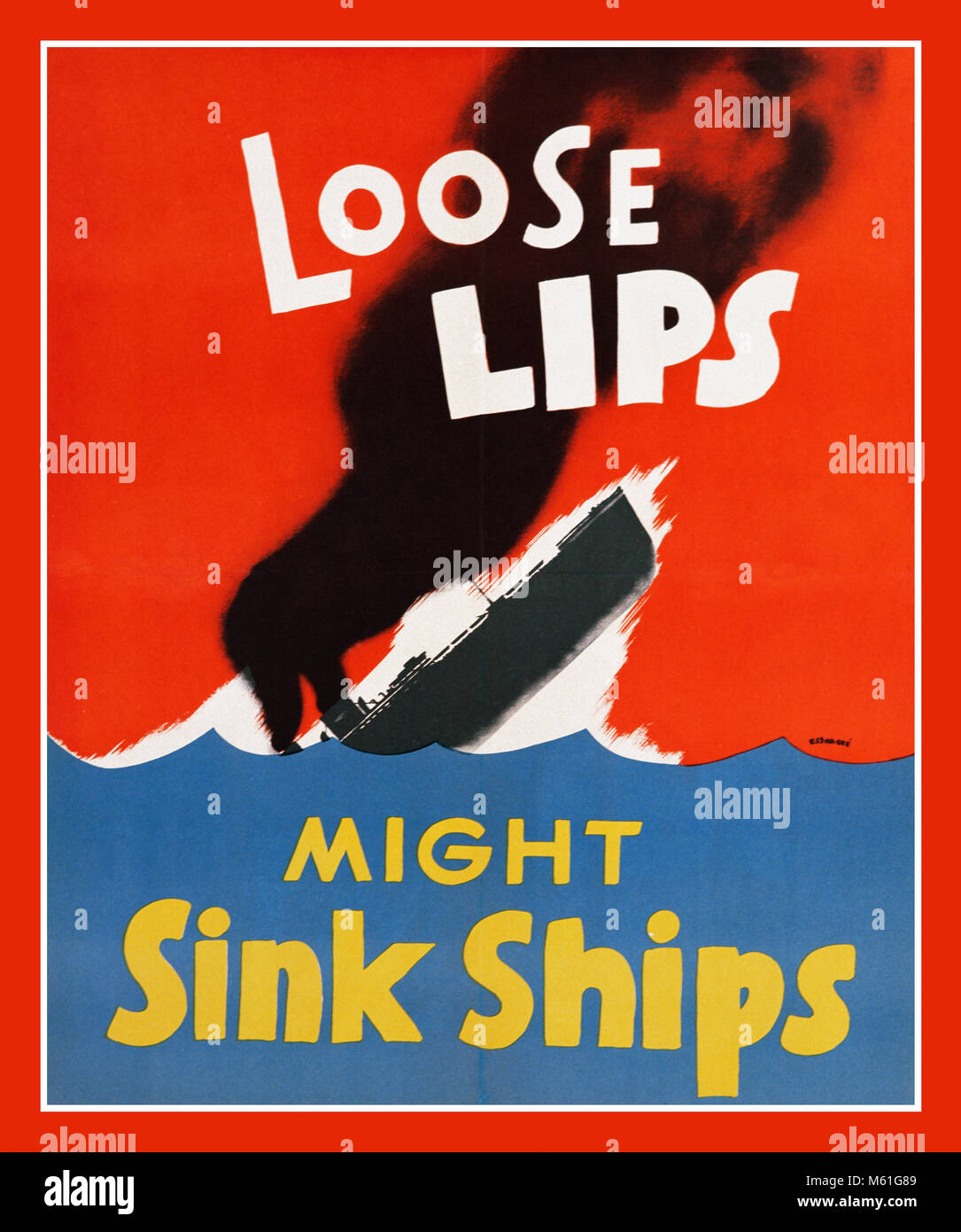 Vintage USA poster 1940's WW2  American Naval marine propaganda cautionary poster 'LOOSE LIPS MIGHT SINK SHIPS' (The enemy is listening) Stock Photo