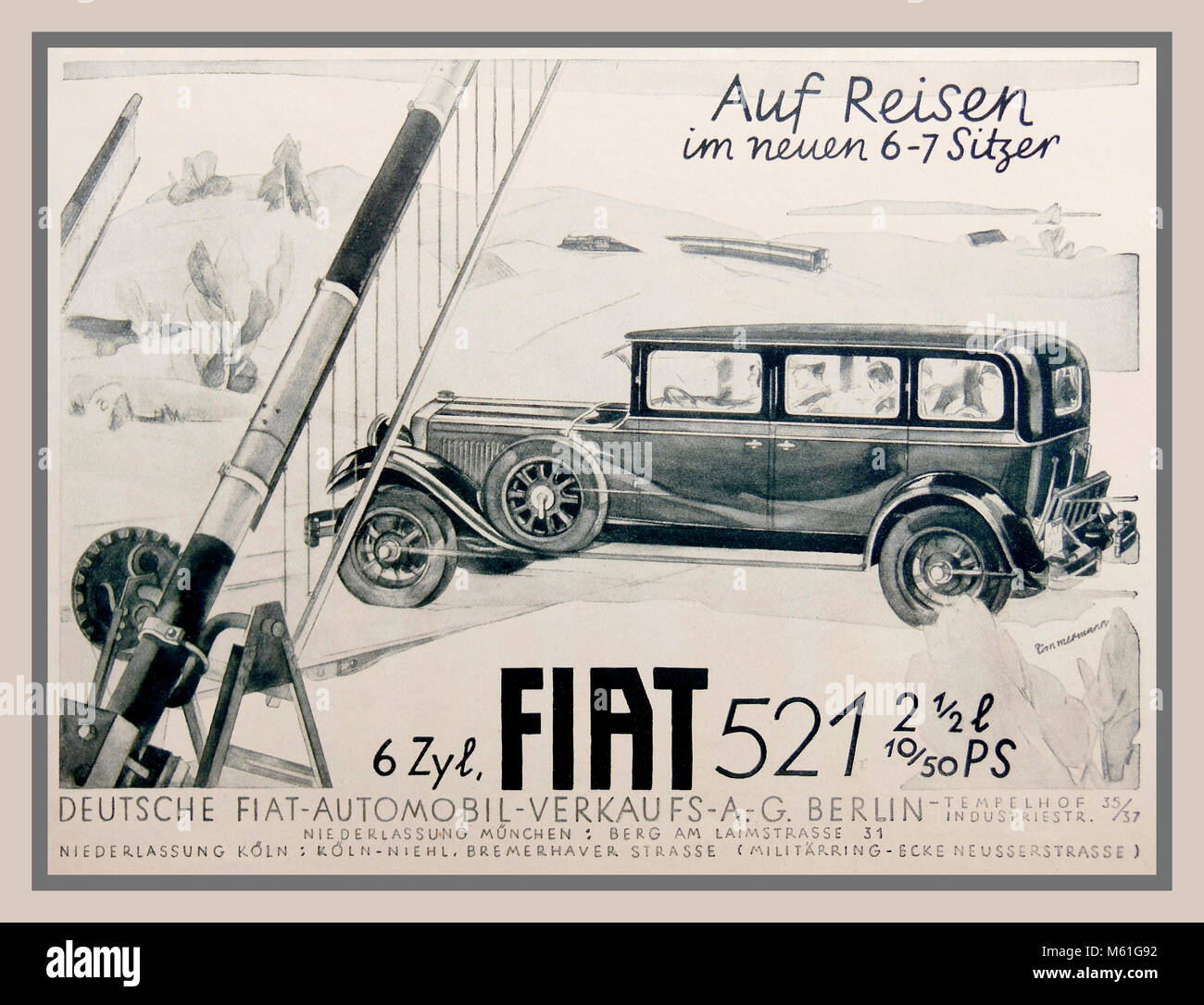 Vintage Italian Fiat 521 21/2 Litre 6 cylinder luxury saloon Car advertising Poster 1920's Berlin Germany Stock Photo