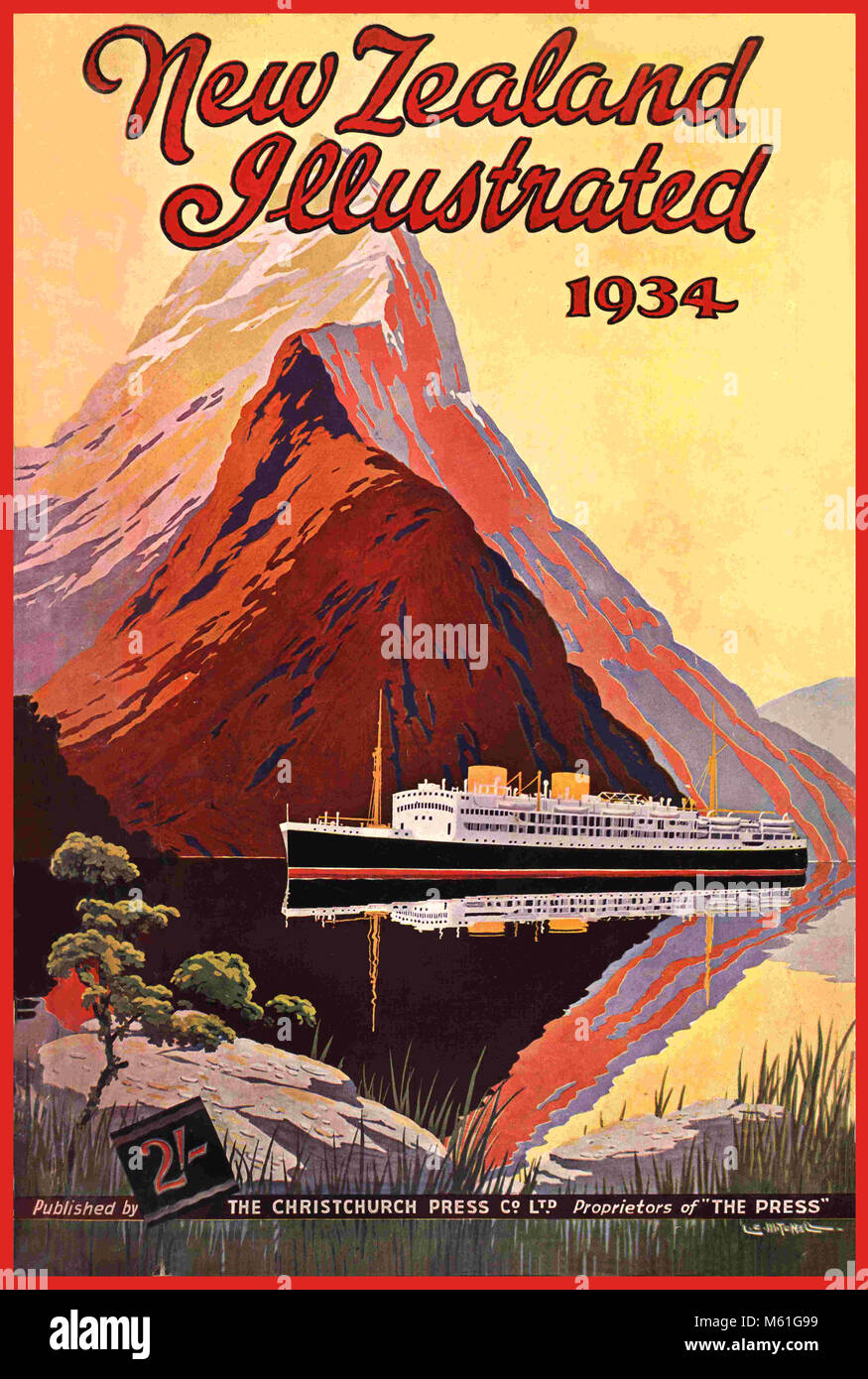 Vintage retro 1930's New Zealand Illustrated Magazine Cover featuring a traditional two funnel steamship cruising in calm waters Stock Photo