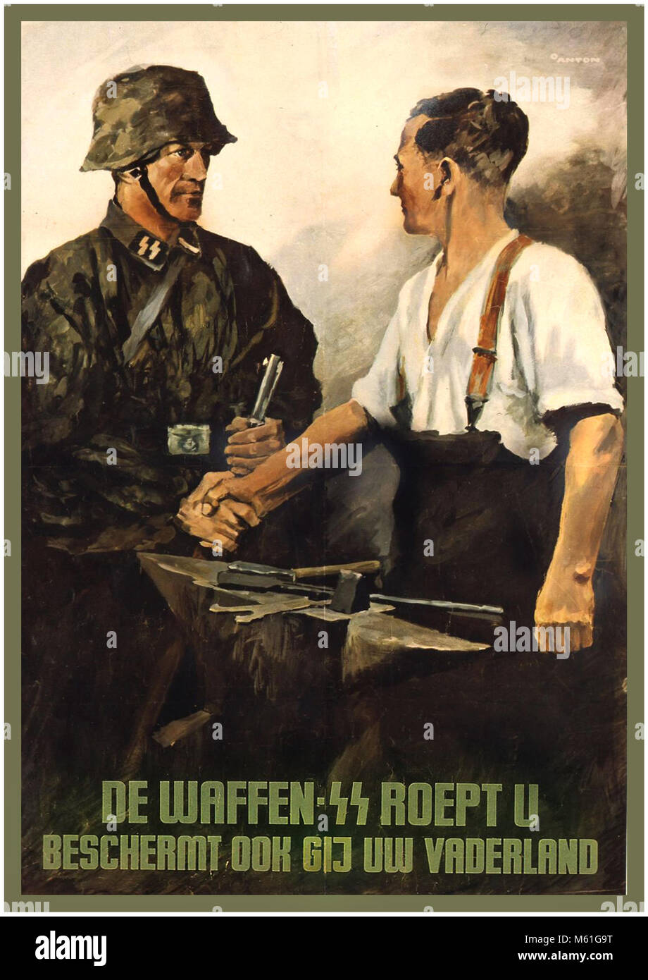 WW2 Nazi Germany Waffen SS 1940’s Dutch Recruitment Propaganda Poster “The Waffen-SS is calling for you: do you also protect your country' Stock Photo