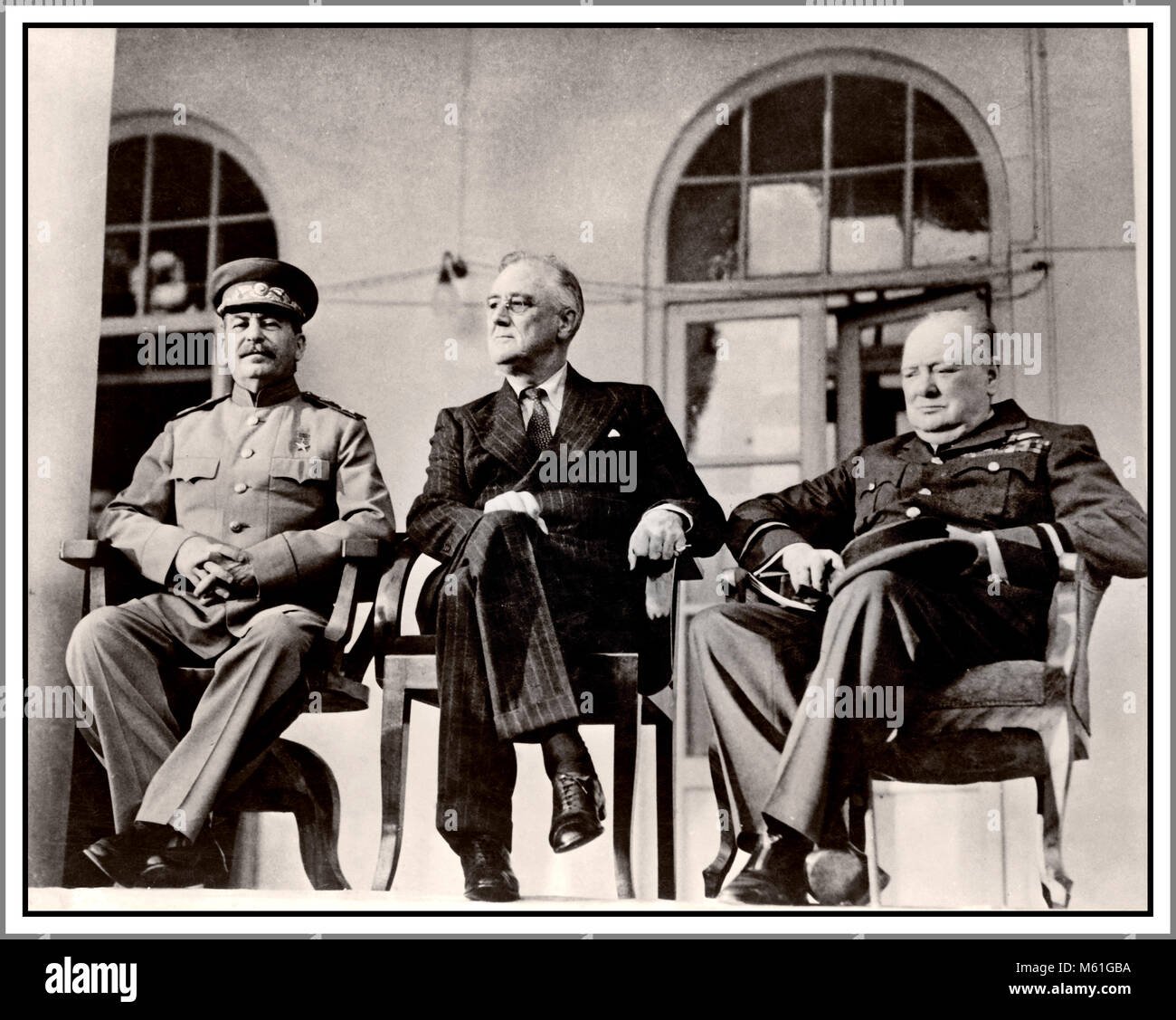 Historic WW2 Tehran Conference (codenamed Eureka) a strategic meeting of leaders Joseph Stalin, Franklin D. Roosevelt, and Winston Churchill 28th November /1 December 1943. It was in the Soviet Union's embassy in Tehran Iran. It was the first of the WW2 meetings of the Allied leaders from Soviet Union, United States, and United Kingdom They discussed opening a second front against Nazi Germany Stock Photo