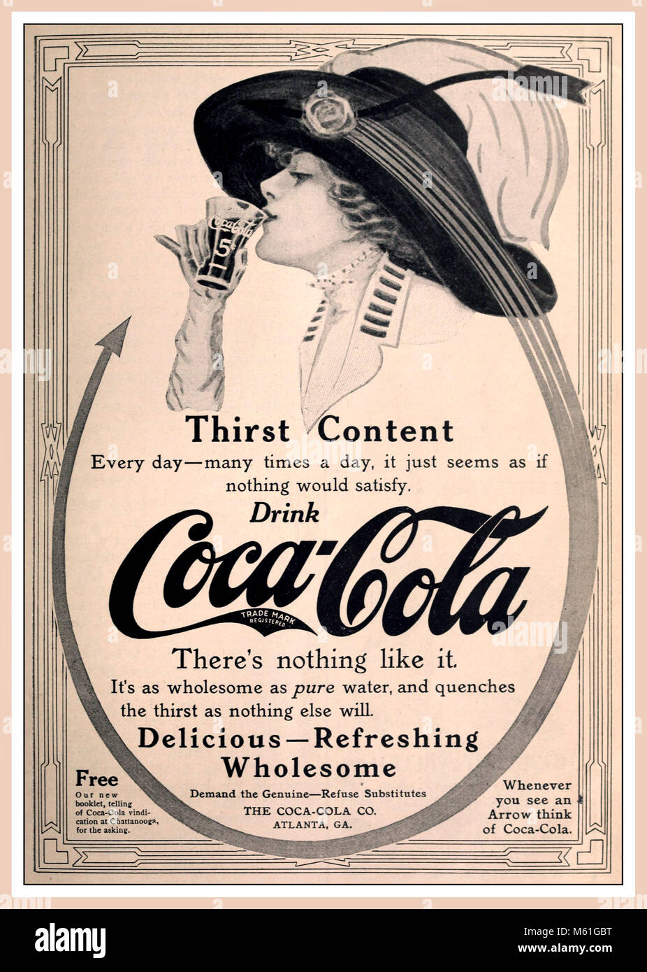 Vintage 1900’s Coca Cola advertisement ‘Drink Coca Cola there’s nothing like it’  featuring a stylish lady drinking elegantly from a 5 cents glass Stock Photo