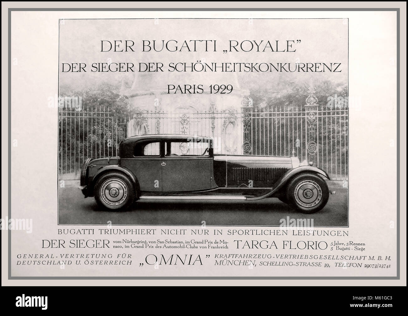 Vintage 1920's poster for 1929 Paris show The Bugatti Royale motorcar winner of the Targa Florio. The Bugatti Type 41, better known as the Royale, is a large award winning luxury car built from 1927 to 1933 with a 4.3 m wheelbase and 6.4 m overall length. It weighs approximately 3,175 kg (7,000 lb) and uses a 12.763 litre  straight-eight engine. Stock Photo