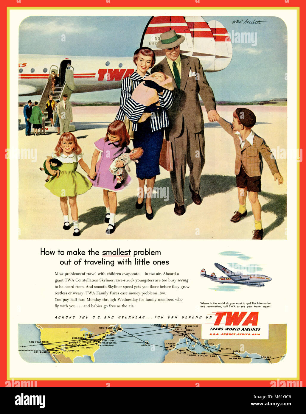 TWA 1950's Vintage Airlines Press Advertisement for TWA illustrating a happy post war family of six disembarking from a TWA Constellation Aircraft on a sunny airport arrival stand Stock Photo