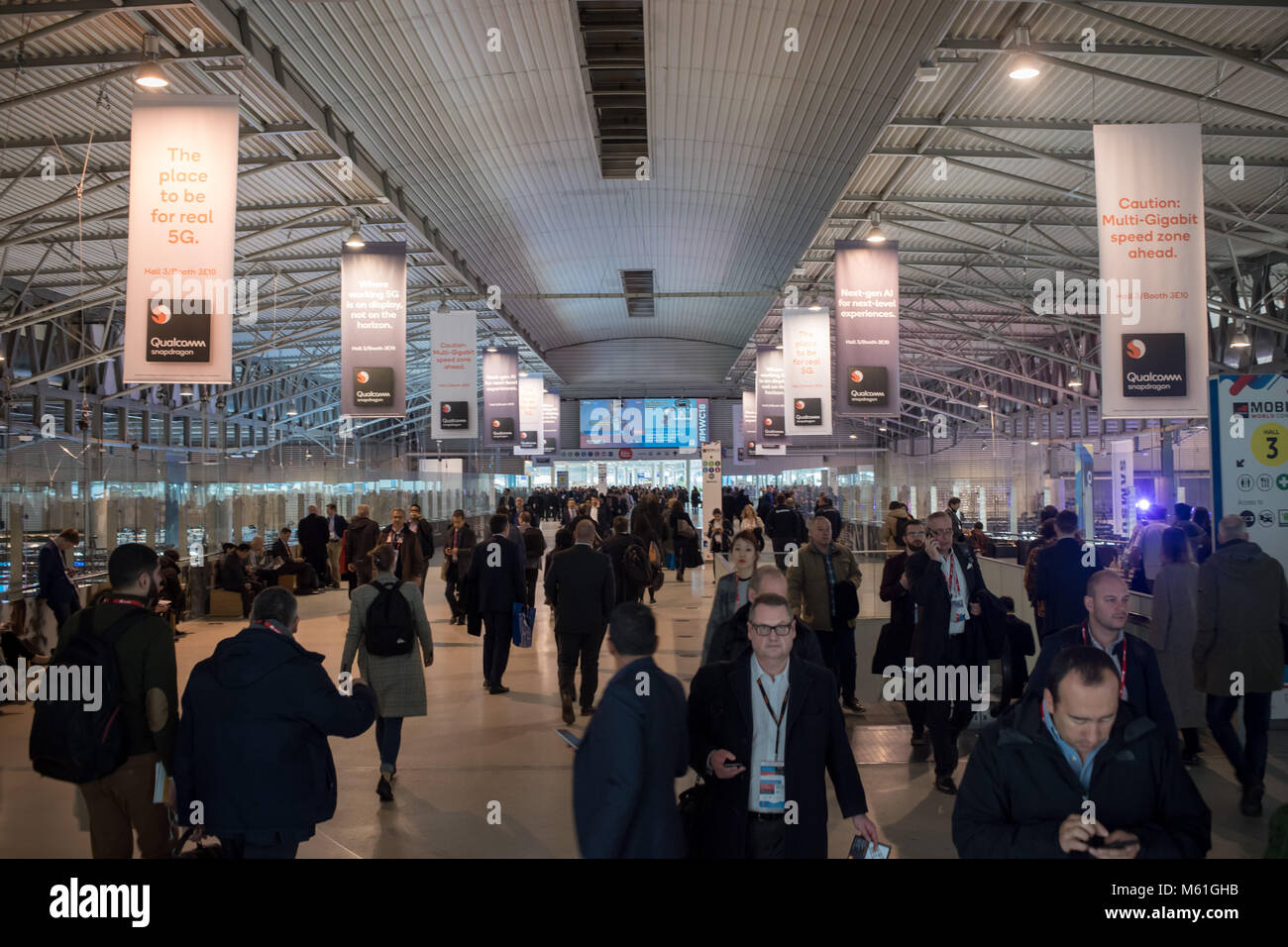 Second day of the annual Mobile World Congress, world's biggest mobile fair in which brings together the leading mobile companies and where the latest Stock Photo