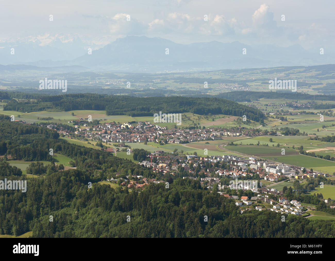 Stallikon, Sellenbüren, Bonstetten village near Zurich, Switzerland, top view from  Uetliberg, Stock Photo