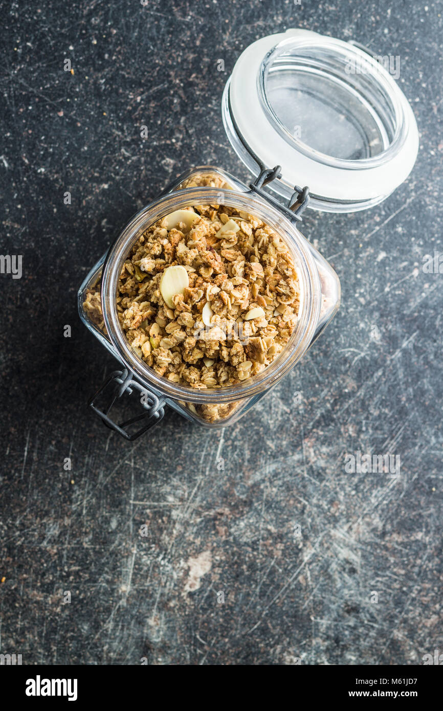 The granola breakfast cereals in jar. Stock Photo