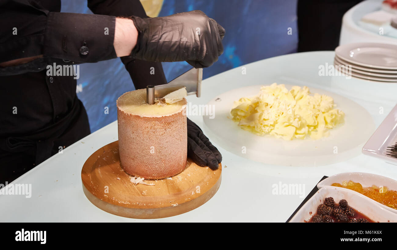 Scraping Device of Swiss Cheese Tete De Moine. Stock Image - Image of  backdrop, monastery: 163418599