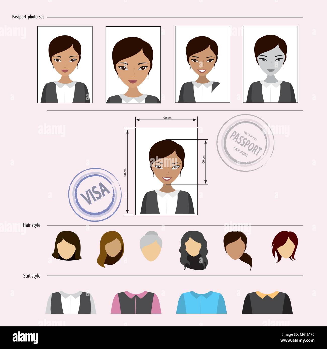 Face asian woman set, vector illustration Stock Vector