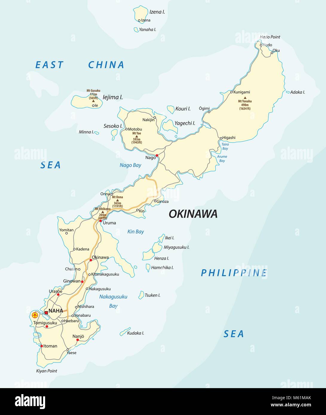 Detailed vector road map of Japanese island Okinawa, Japan Stock Vector ...