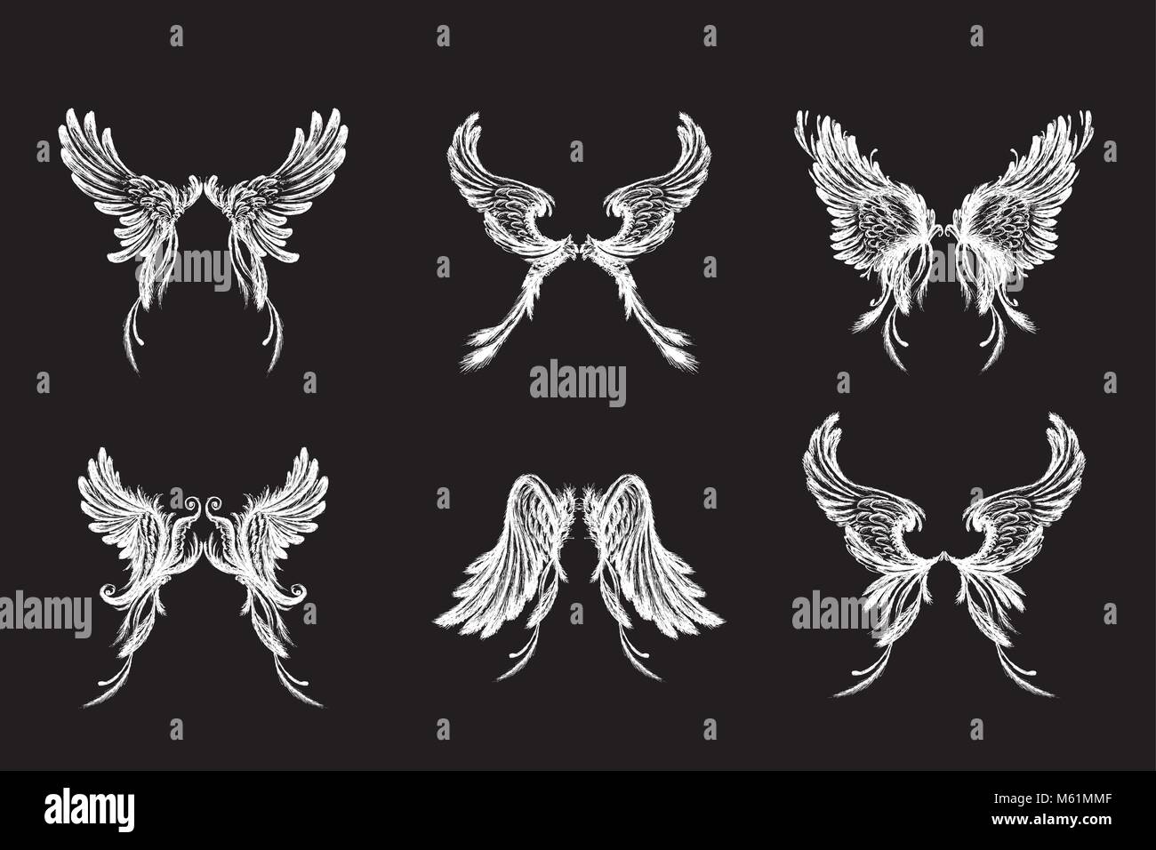 Set of Wings , isolated on black  background Stock Vector