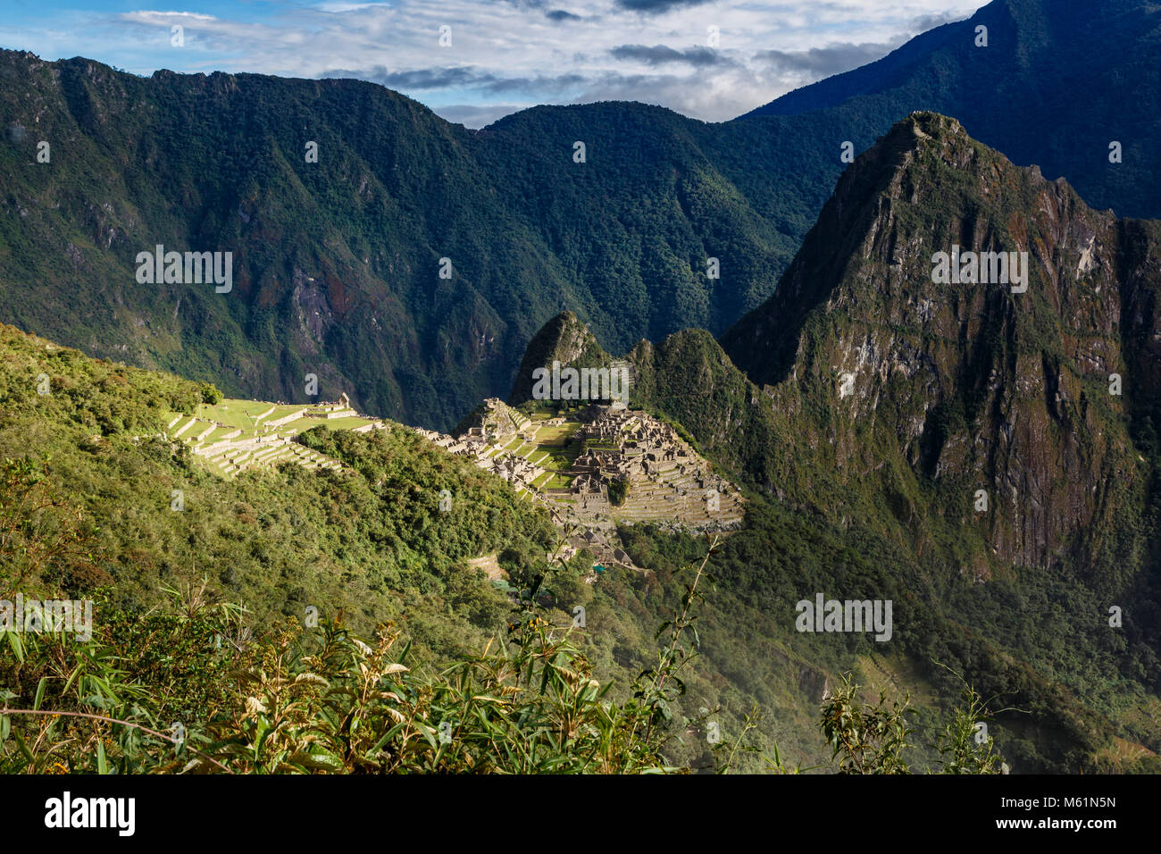Machu Picchu ruins from trail to the Sun Gate, Cusco, Peru Stock Photo