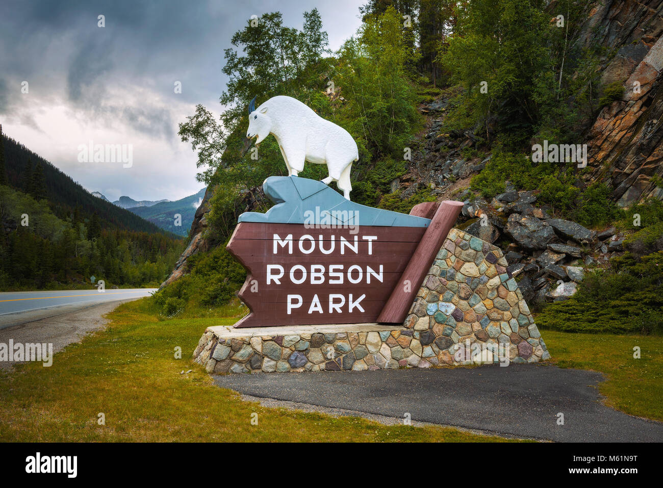 The entrance sign in Mount Robson Provincial Park in Canada Stock Photo