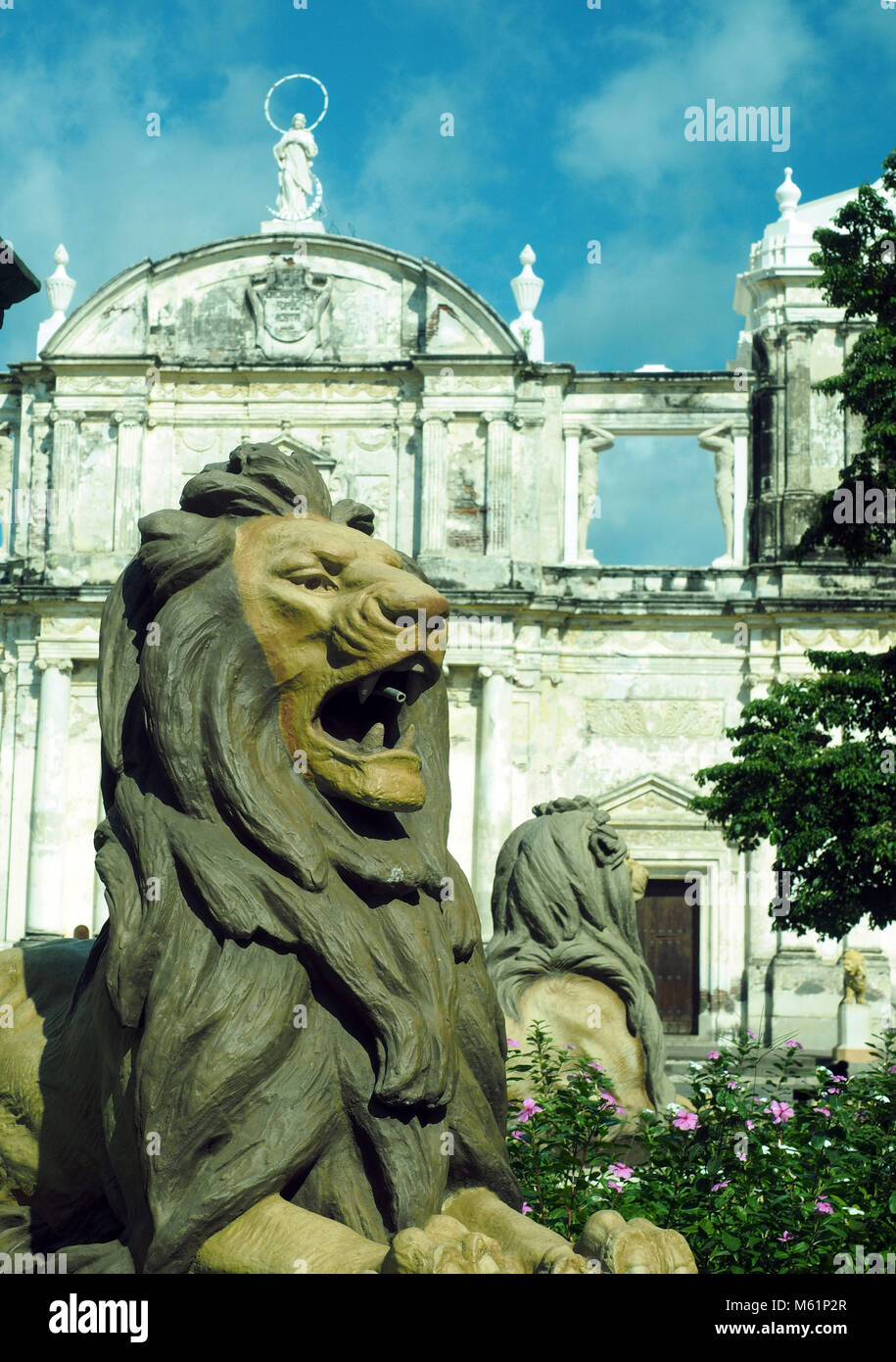 Cathedral of Leon Nicaragua lion statue in fountain Central America Stock Photo
