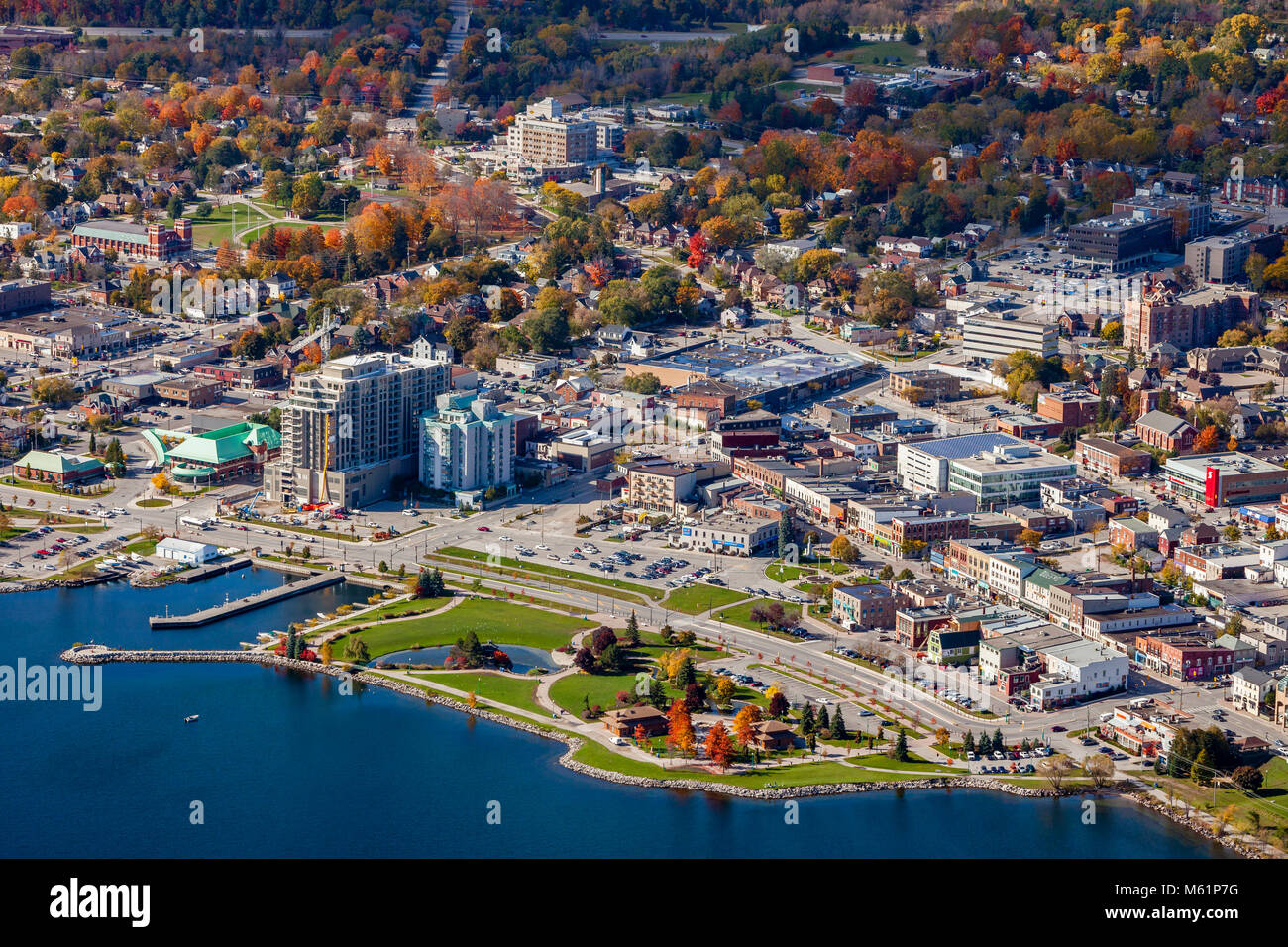 Aerial view of Downtown Barrie, Ontario, including the waterfront park. Stock Photo