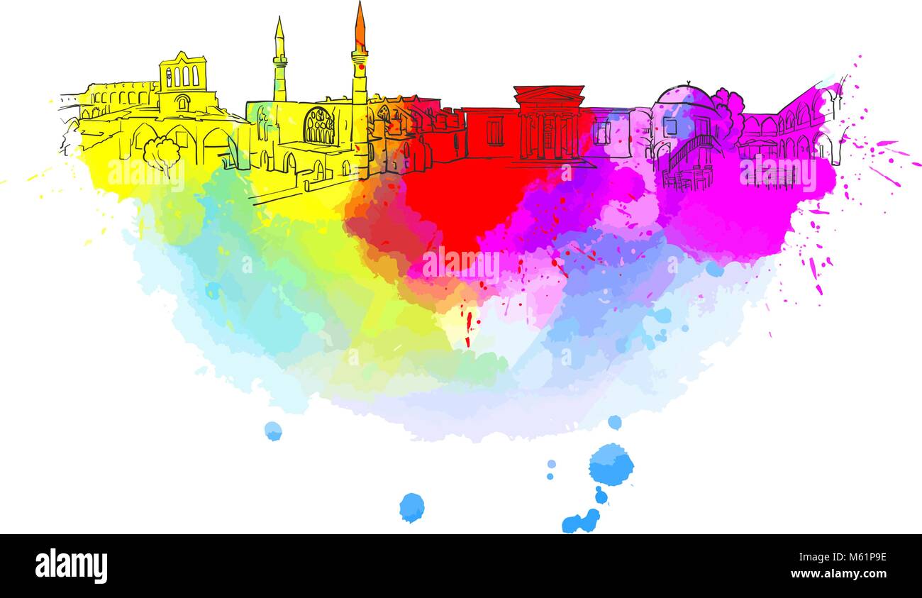 Nicosia Cyprus Colorful Landmark Banner. Beautiful hand drawn vector sketch. Travel illustration for social media marketing and print advertising. Stock Vector