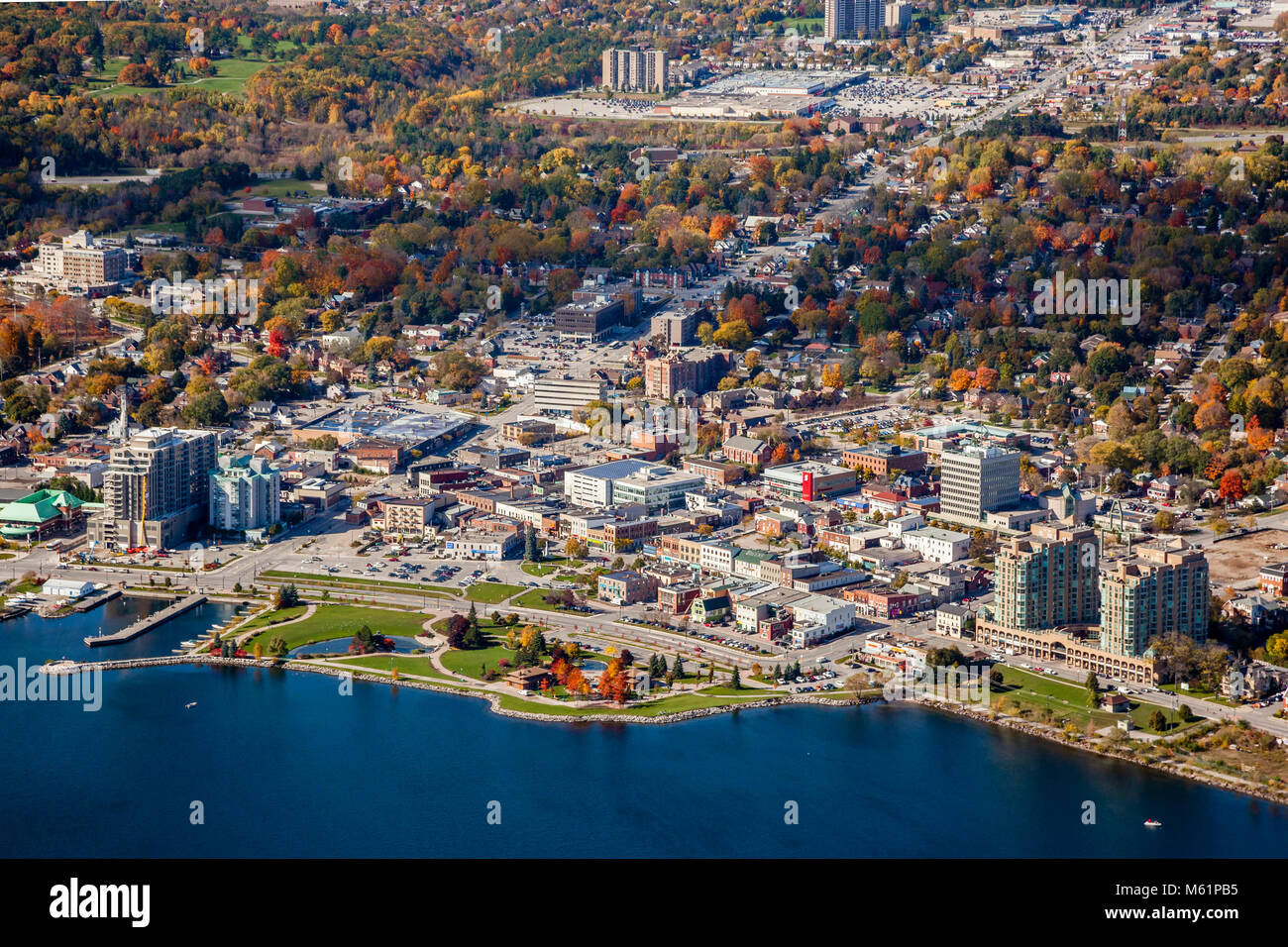 Aerial view of Downtown Barrie, Ontario, including the waterfront park. Stock Photo