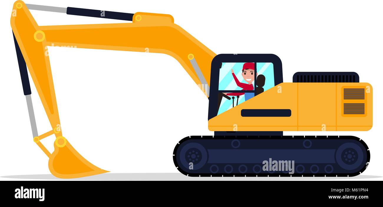 Vector cartoon male driver on an machine excavator Stock Vector