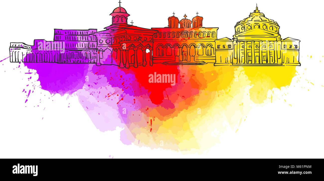 Bucharest Colorful Landmark Banner. Beautiful hand drawn vector sketch