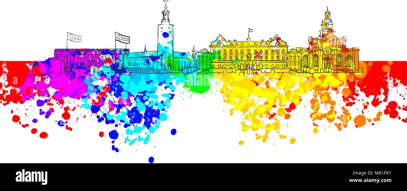 Stockholm Colorful Landmark Banner. Beautiful hand drawn vector sketch. Travel illustration for social media marketing and print advertising. Stock Vector