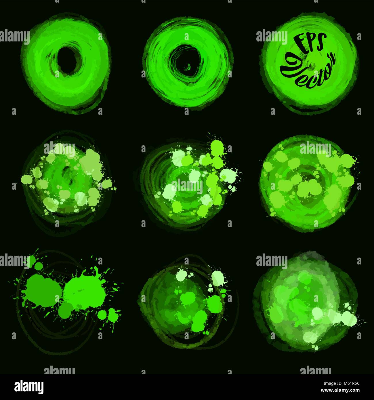 Green vector circle brush strokes on black. Beautiful hand drawn vector
