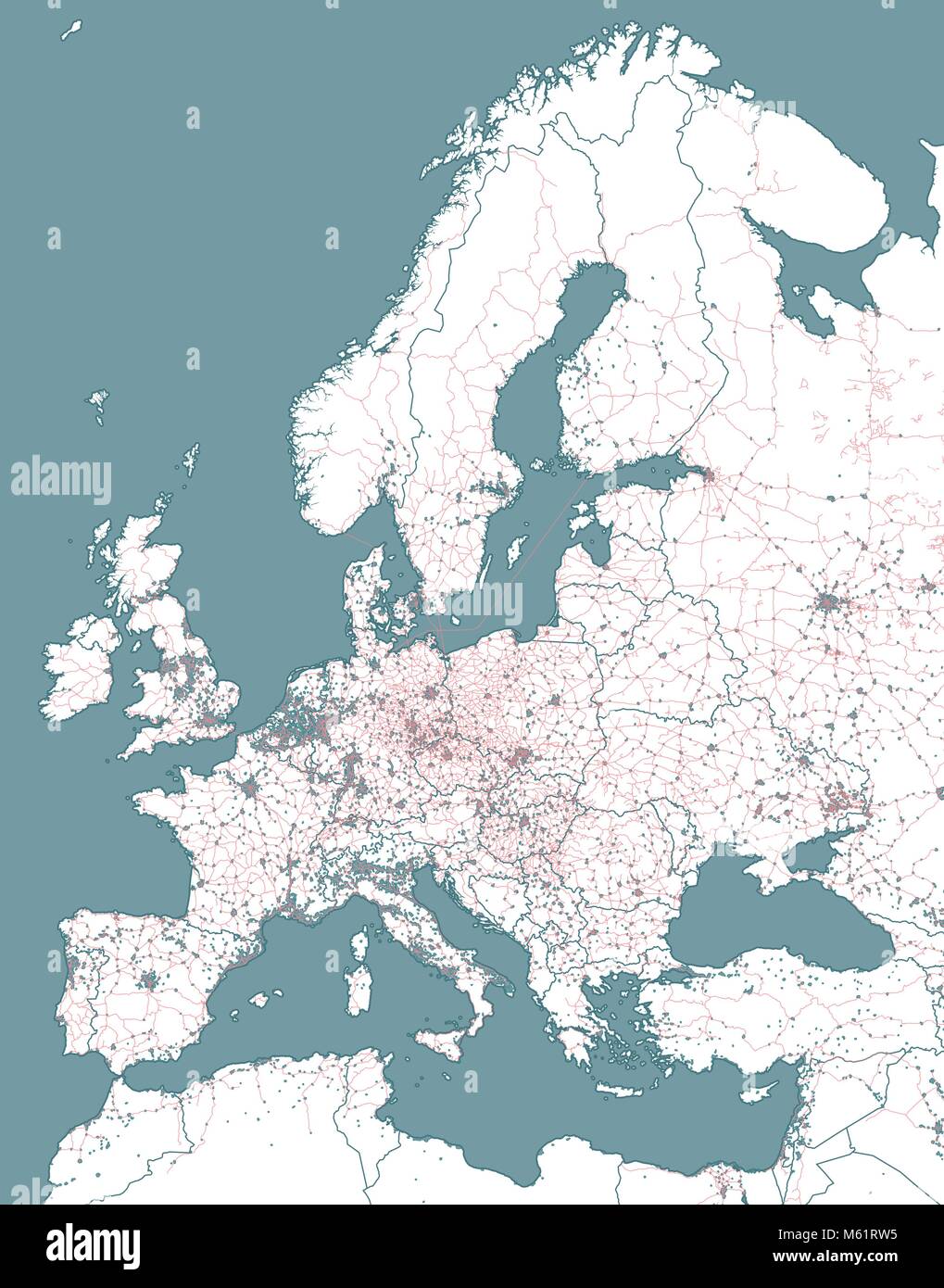 Railway and political map of Europe and North Africa. European cities. Political map with the border of the states. Urban areas. Railway line Stock Vector