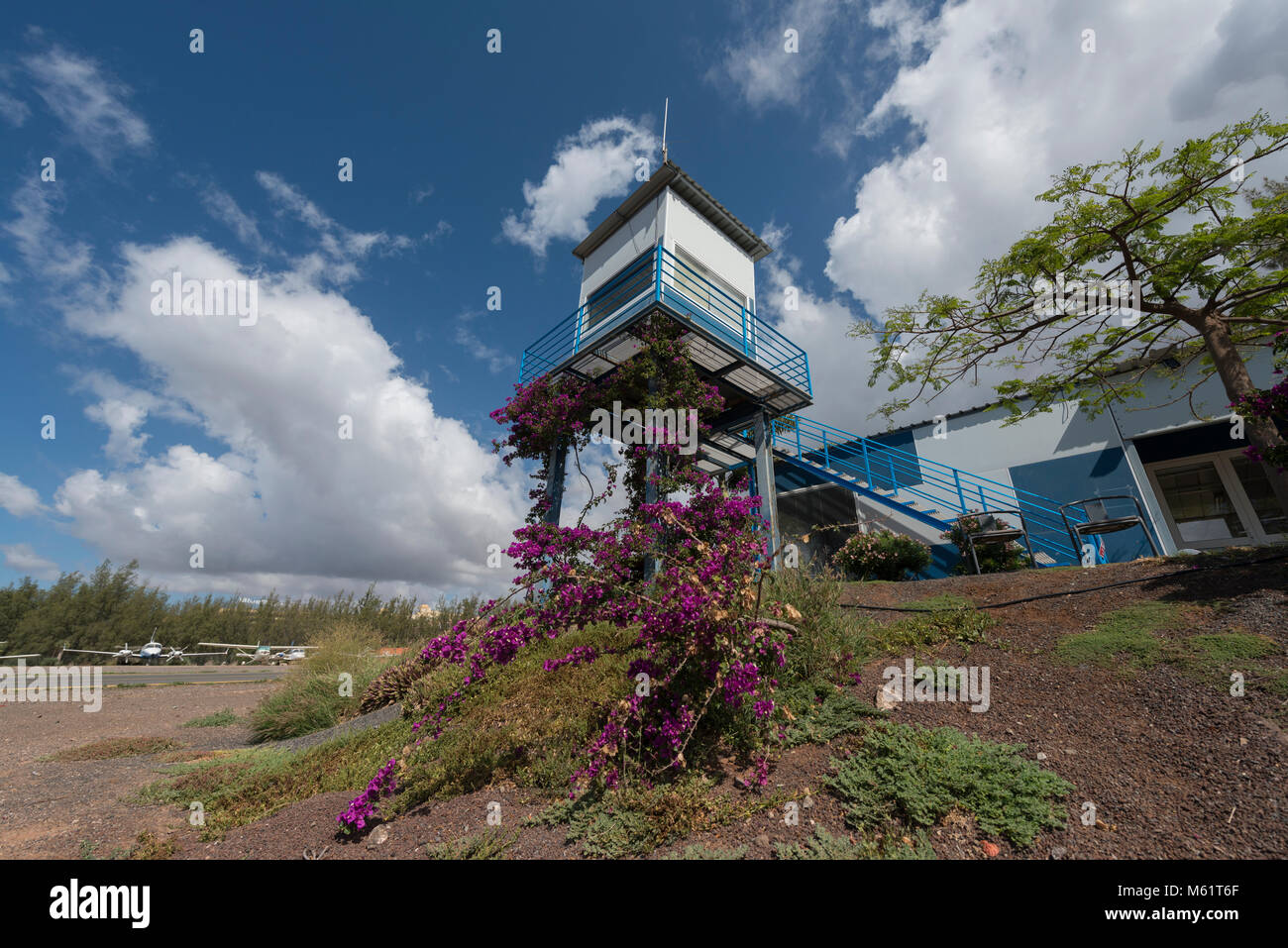Aviation control tower at El Berriel airfield Stock Photo