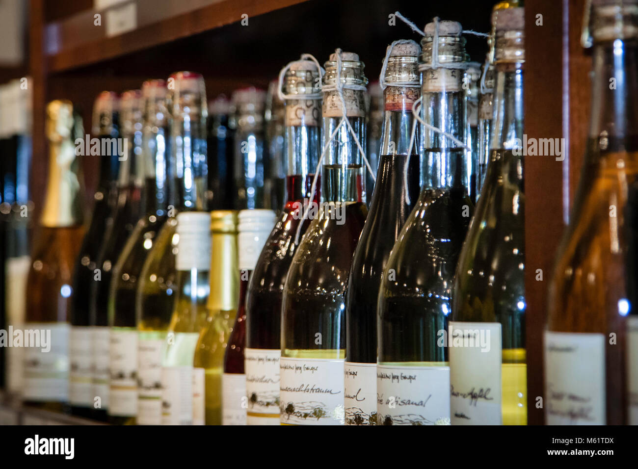 Bottles of Fruit Wine with Agraffe. The PriSeccos are available from specialist retailers Stock Photo