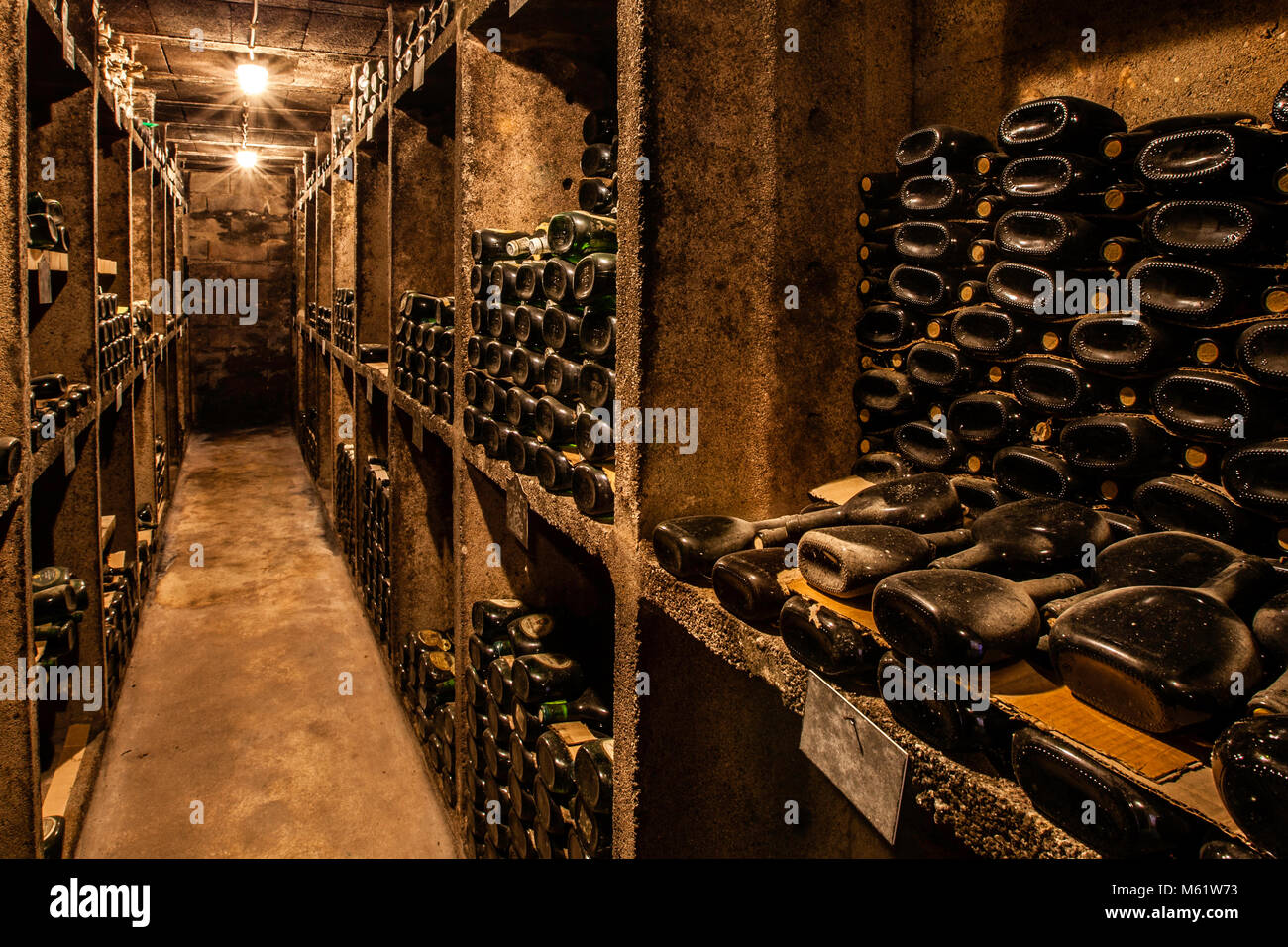 Historical German wine cellar with wooden barrels in Franconia. View