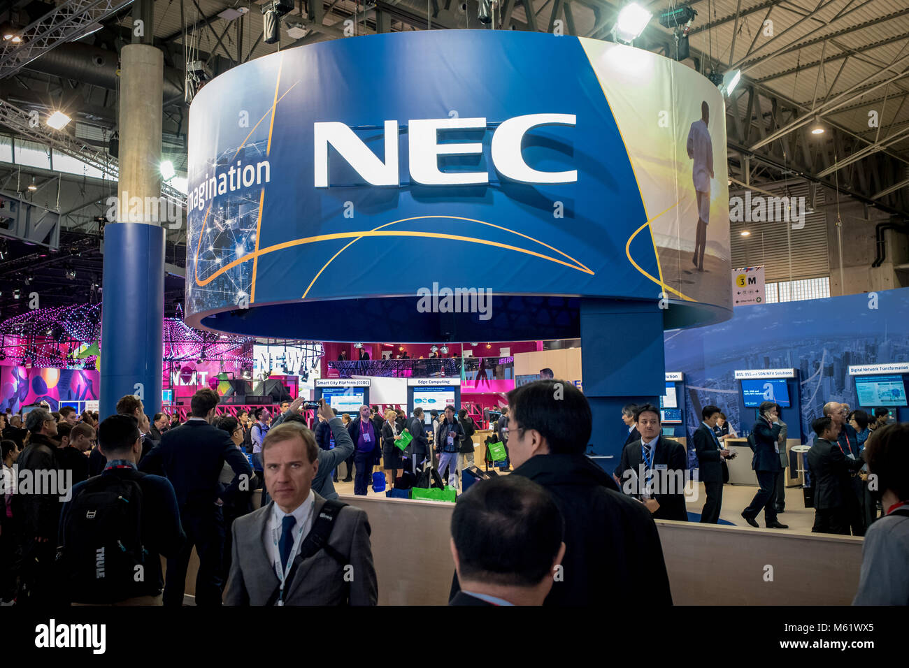NEC pavilion at the annual Mobile World Congress 2018, world's biggest mobile fair in which brings together the leading mobile companies and where the Stock Photo