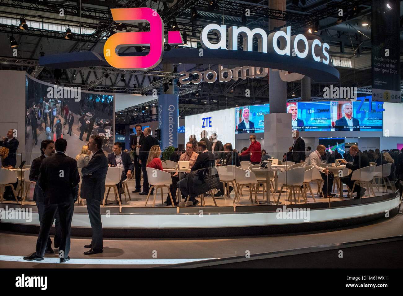 AMDOCS pavilion at the annual Mobile World Congress 2018, world's biggest mobile fair in which brings together the leading mobile companies and where  Stock Photo
