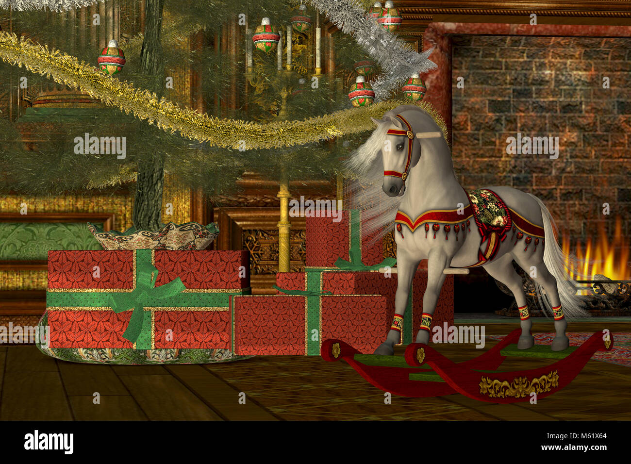 A rocking horse awaits its new rider on Christmas morning under the decorated tree in front of a Victorian fireplace. Stock Photo