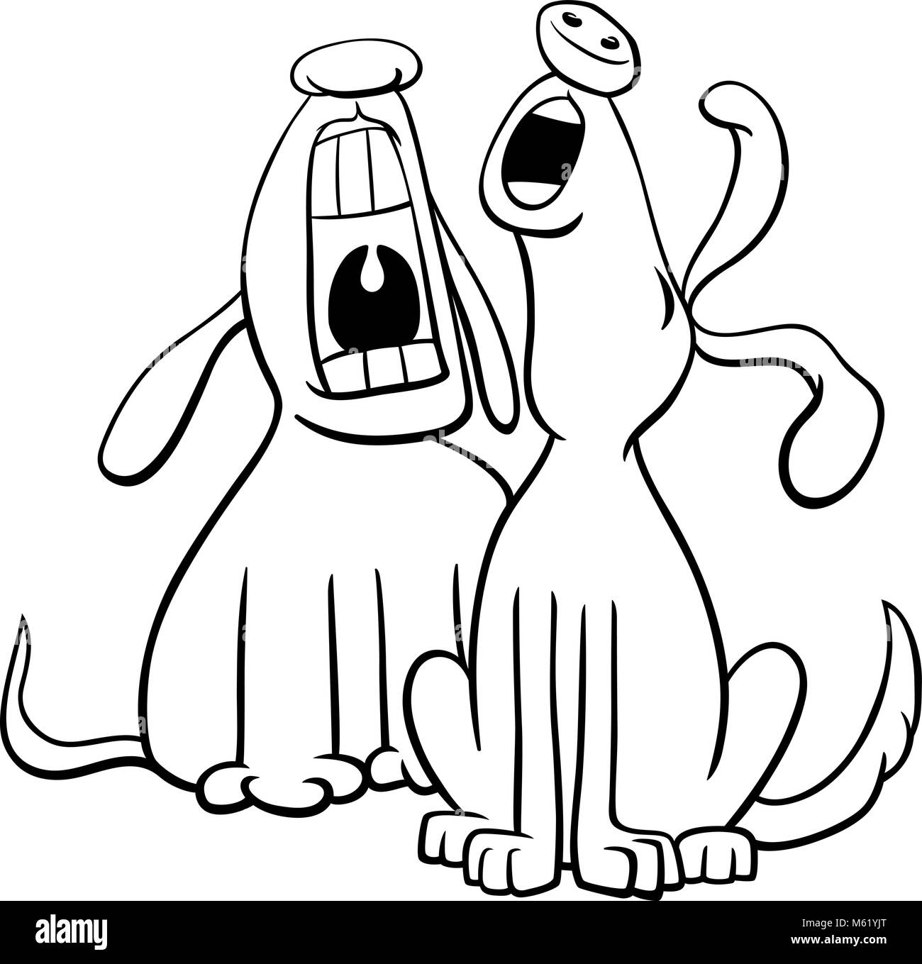 Black and White Cartoon Illustration of Two Dogs Animal Characters Barking or Howling Coloring Book Stock Vector