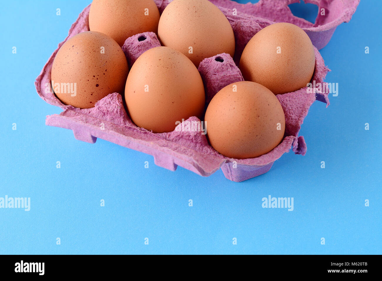 Top view of six brown eggs on box. Fresh food concept. Light blue background Stock Photo