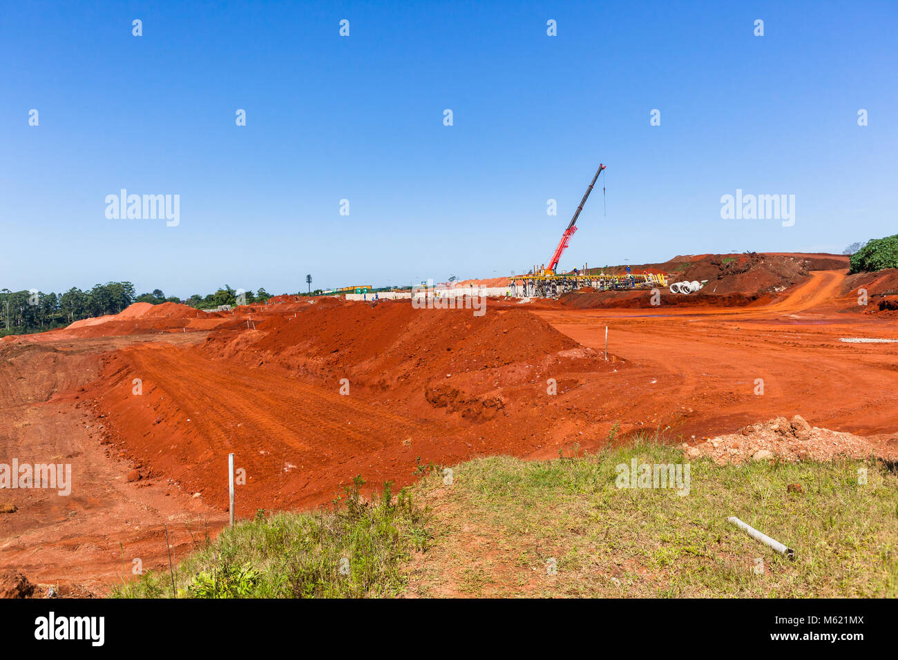 Construction earthworks new building housing engineering projects with concrete foundations been laid in countryside, Stock Photo