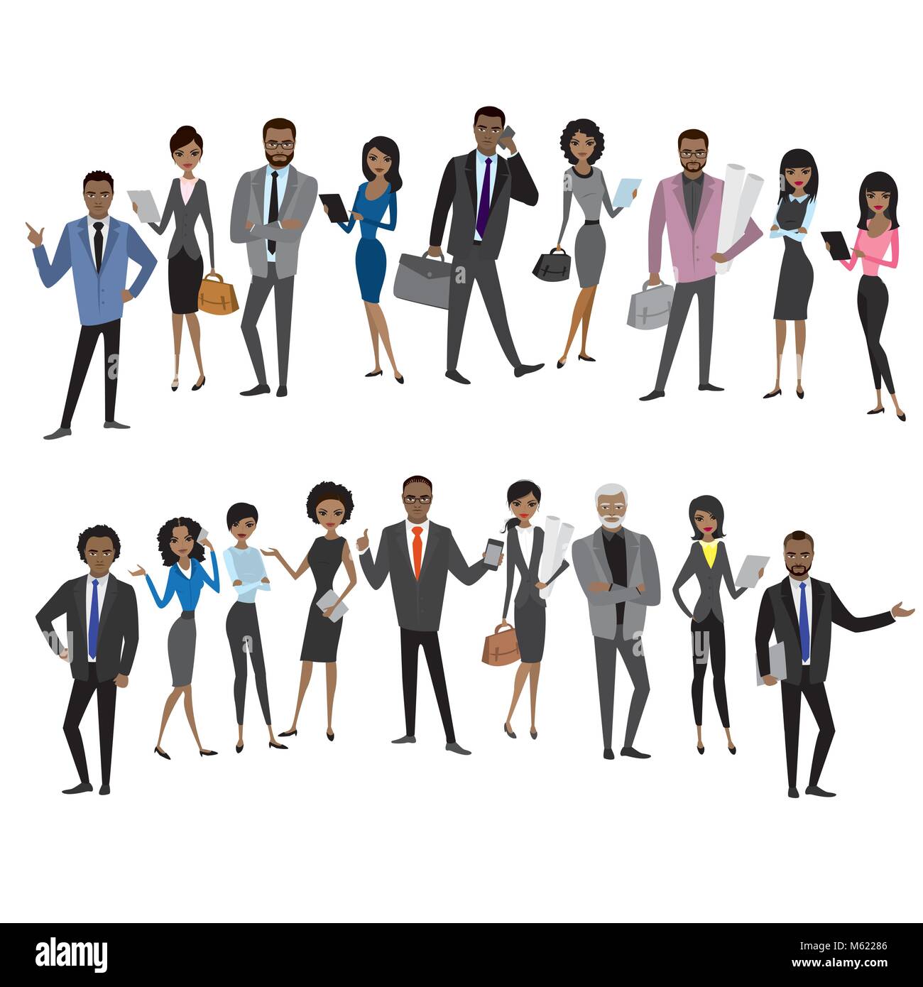 set of different african american businessman and business woman characters,avatars or app icons in trendy flat style isolated on white background,sto Stock Vector
