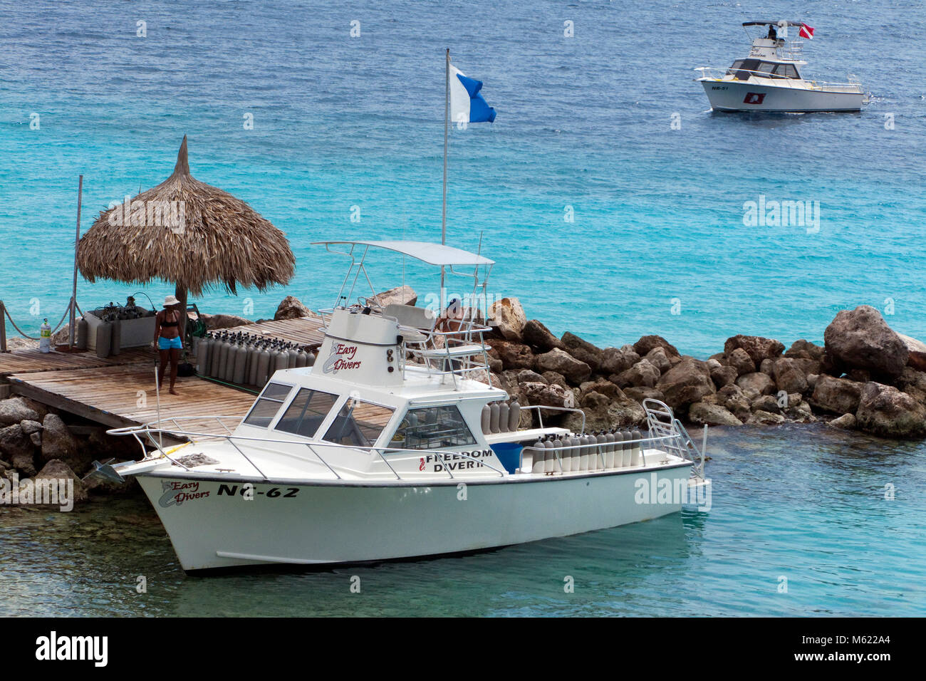 Diving boat at pier of Habitat Curacao resort, Curacao, Netherlands Antilles, Caribbean Stock Photo