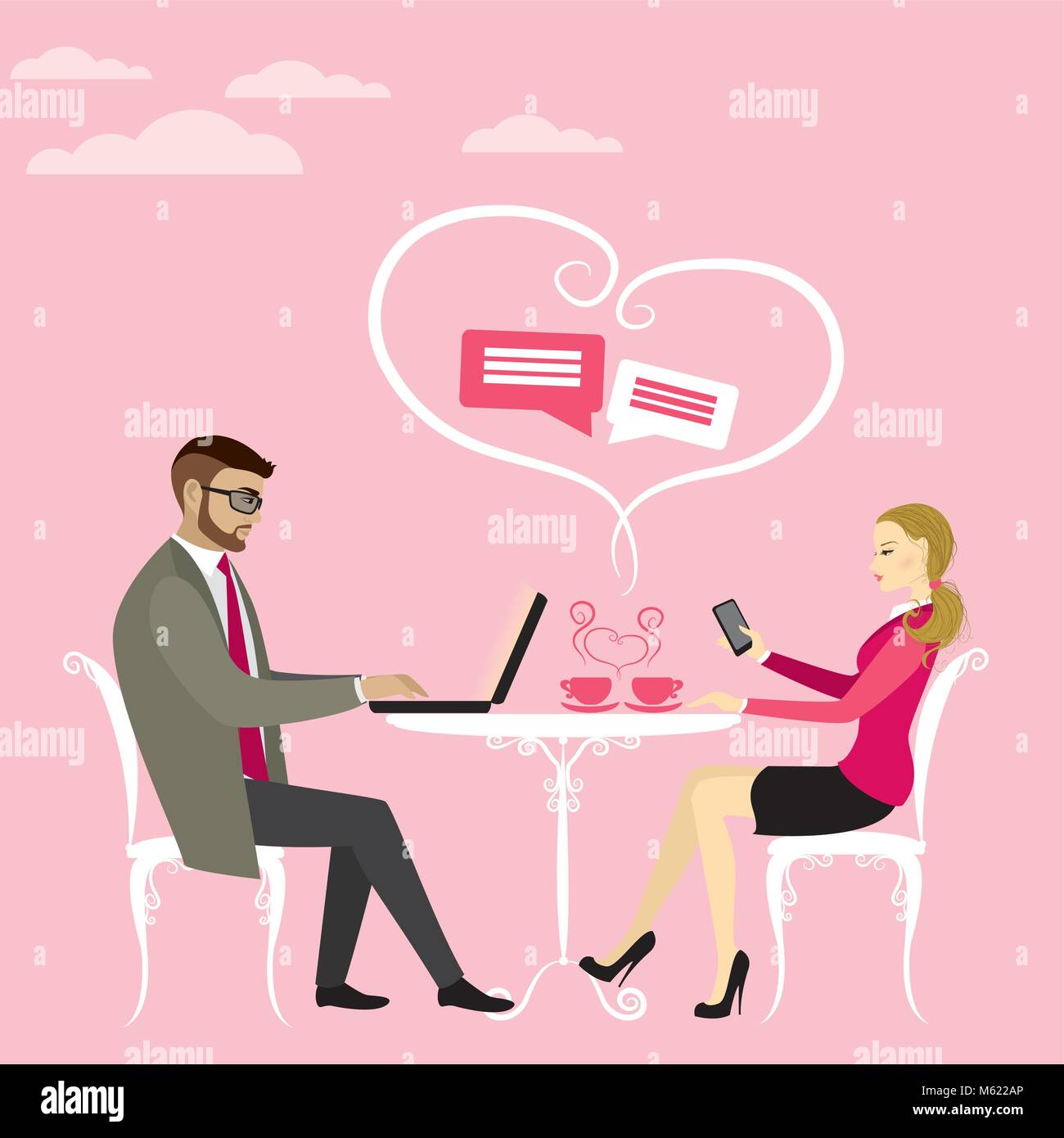 Couple office workers or business people drinking coffee and working on laptop, smartphone, on line chat, vector illustration Stock Vector