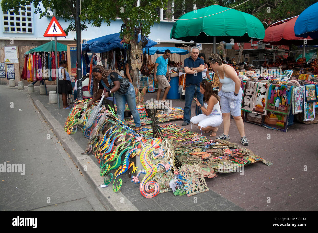 Souvenir stalls at Punda district, Willemstad, Curacao, Netherlands Antilles, Caribbean Stock Photo