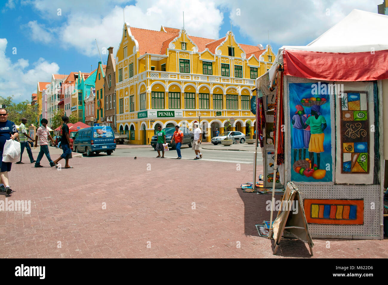 Souvenir stall at waterfront of Punda district, behind the Punha building and trade arcade, Willemstad, Curacao, Netherlands Antilles, Caribbean Stock Photo