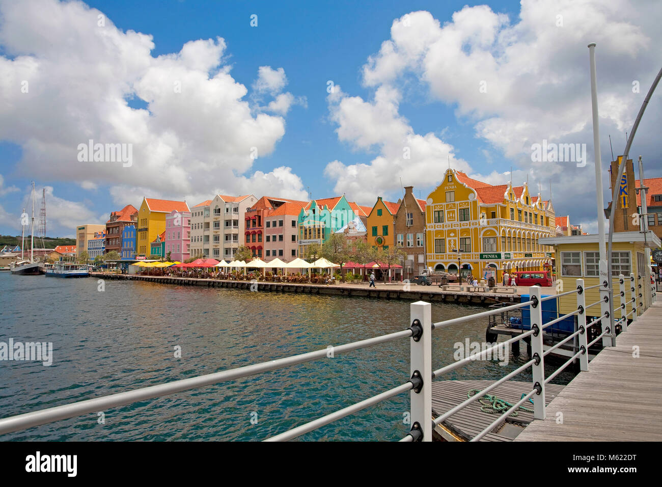 View from Queen Emma bridge on trade arcade, historical colonial buildings at Pundsa district, Willemstad, Curacao, Netherlands Antilles, Caribbean Stock Photo