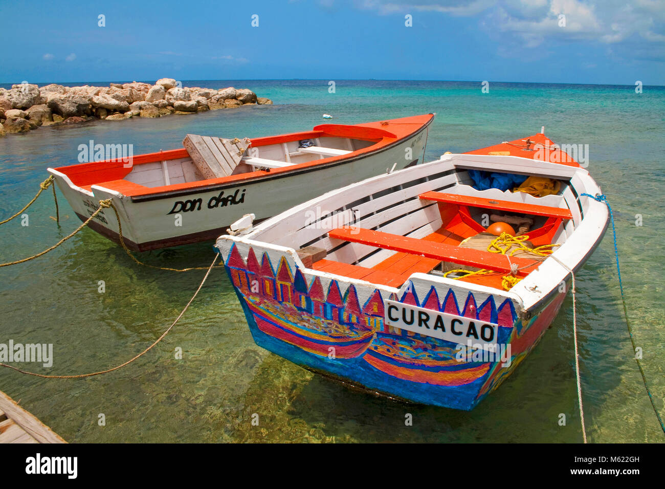 Colourful painted fishing boats at Pierbaai, Curacao, Netherlands Antilles, Caribbean, Caribbean sea Stock Photo