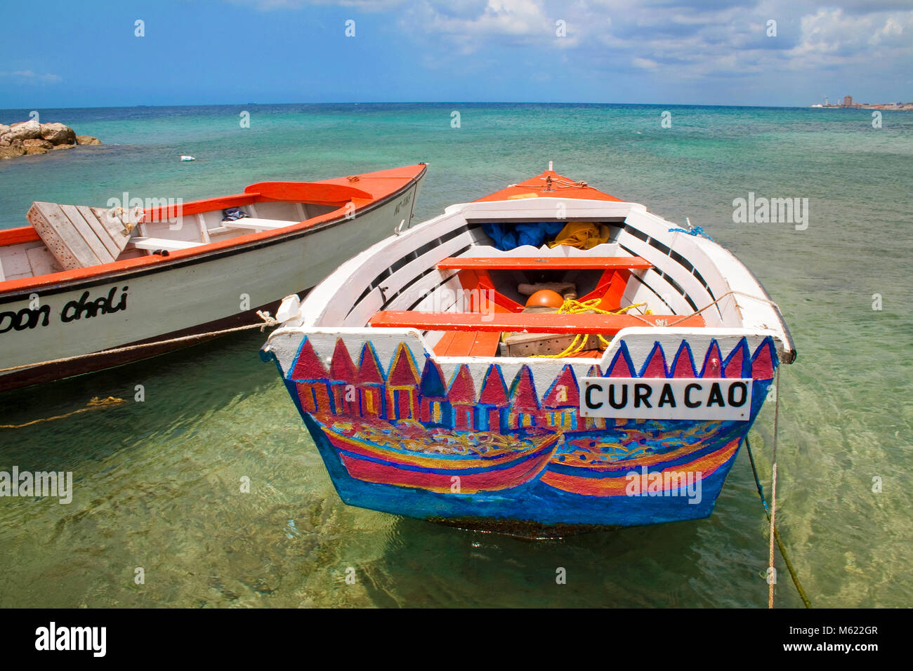 Colourful painted fishing boats at Pierbaai, Curacao, Netherlands Antilles, Caribbean, Caribbean sea Stock Photo