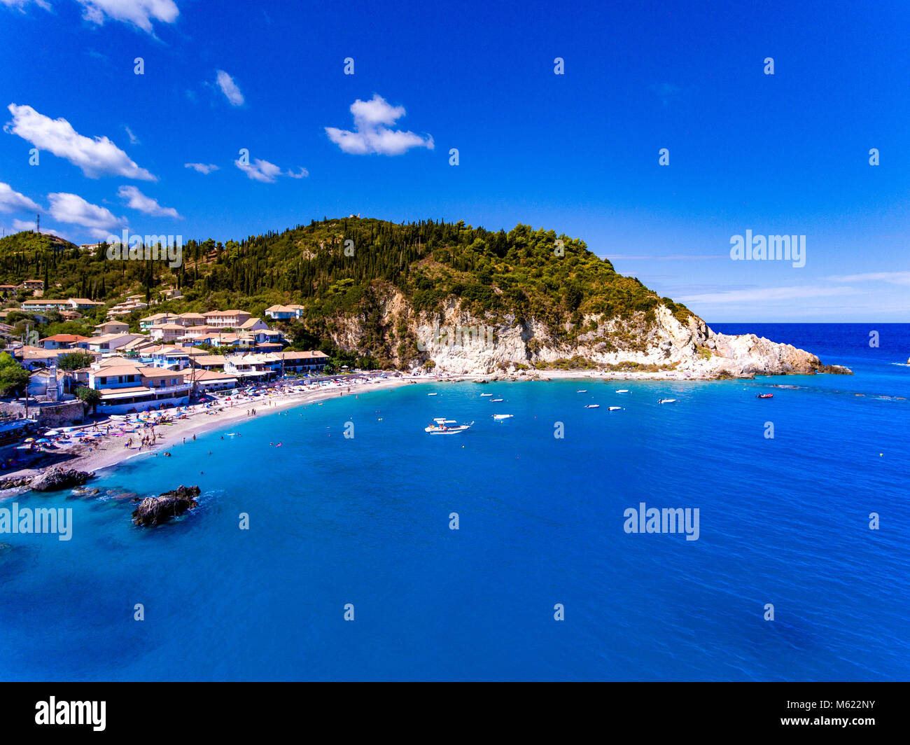 Panoramic view of Agios Nikitas Beach in Lefkada, Greece. Aerial view. Stock Photo