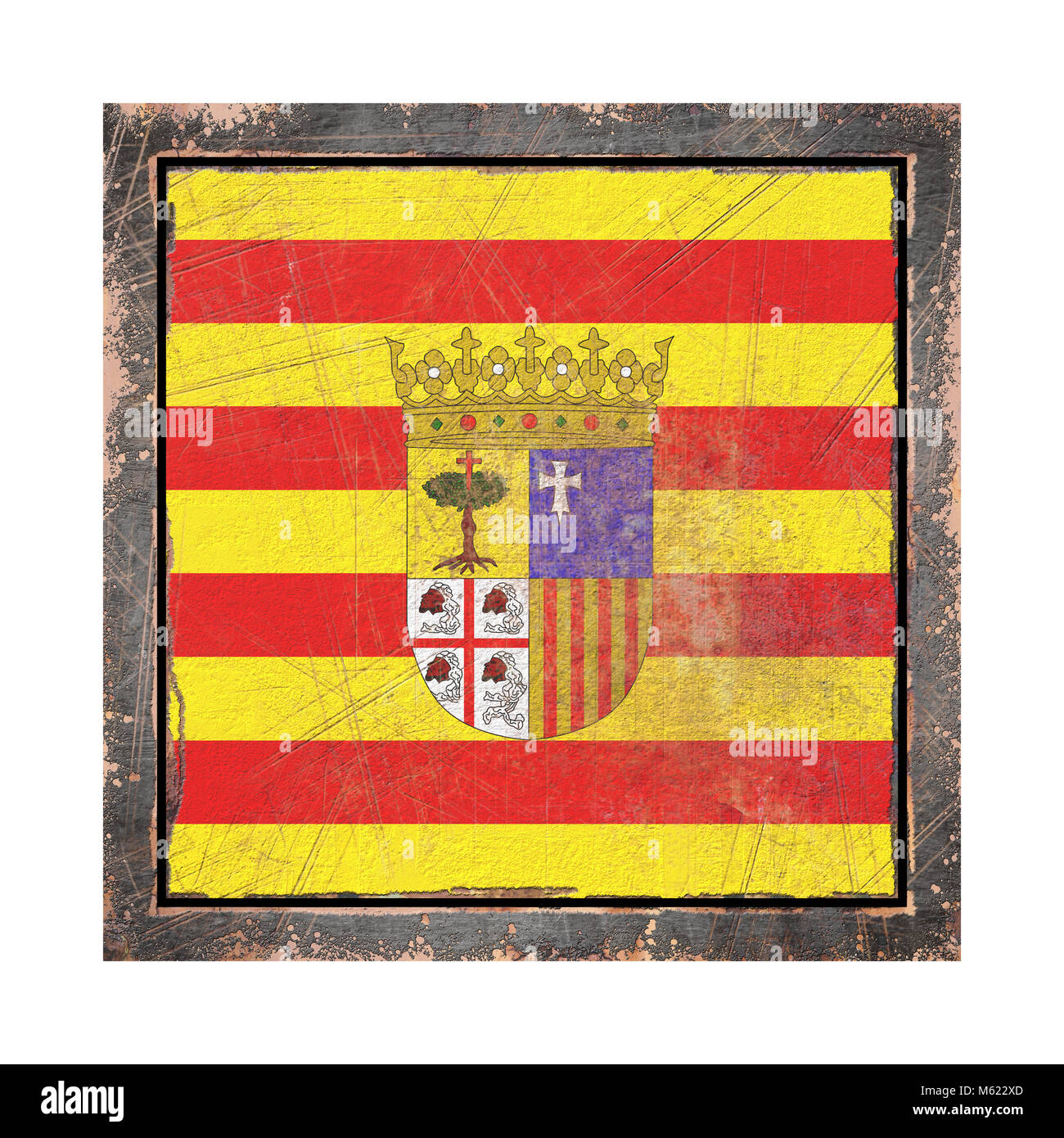 3d rendering of an Aragon Community flag over a rusty metallic plate ...