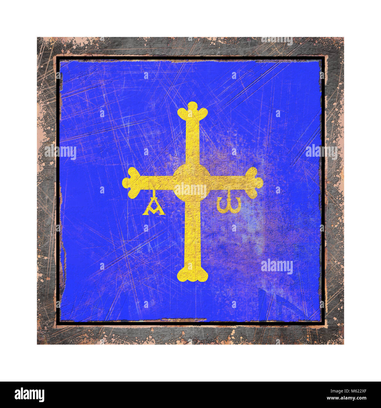 3d rendering of an Asturias Community flag over a rusty metallic plate ...