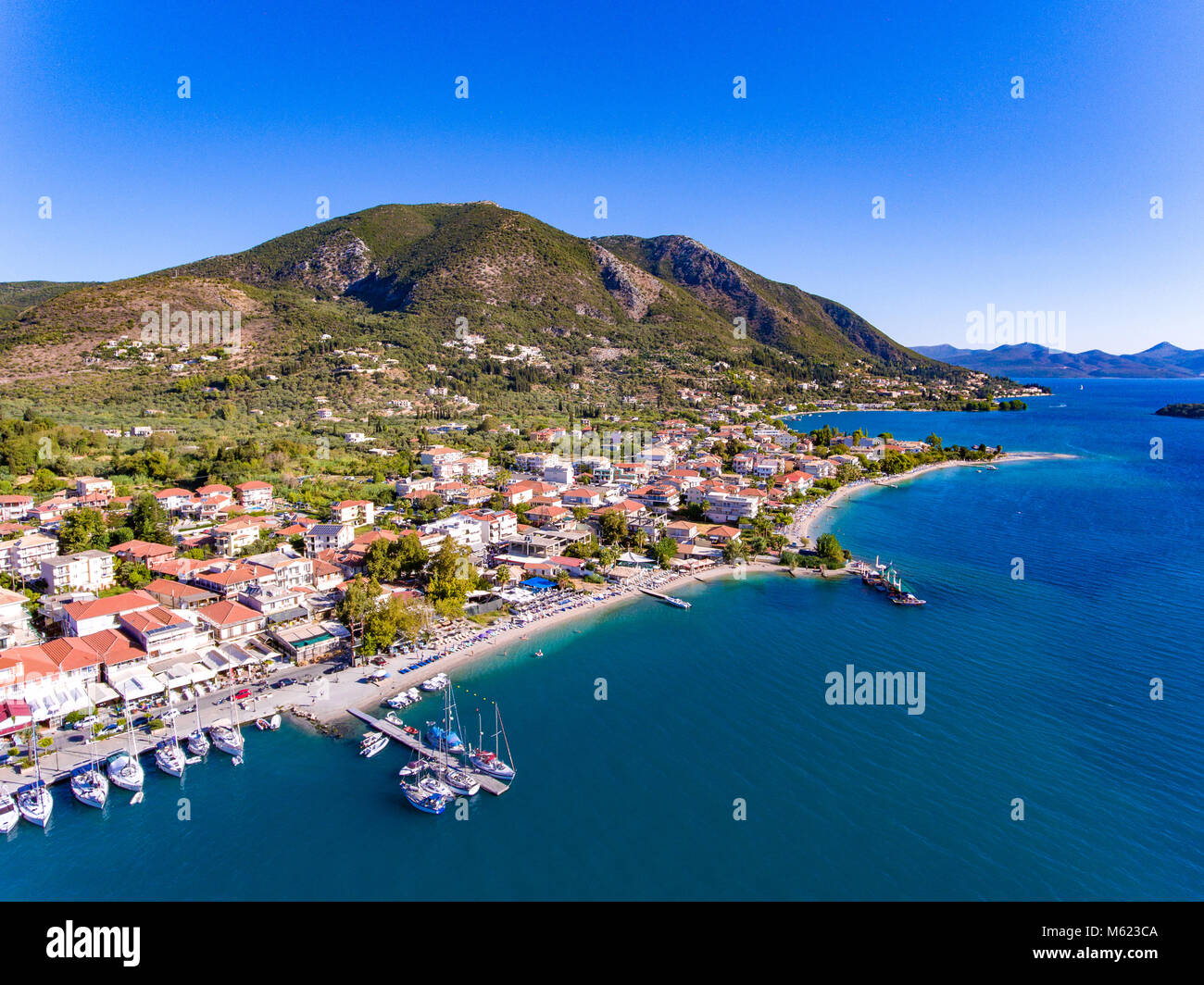 Nidri town in Lefkada  Island Greece, the second biggest city and tourist destination on the island. Aerial view Stock Photo