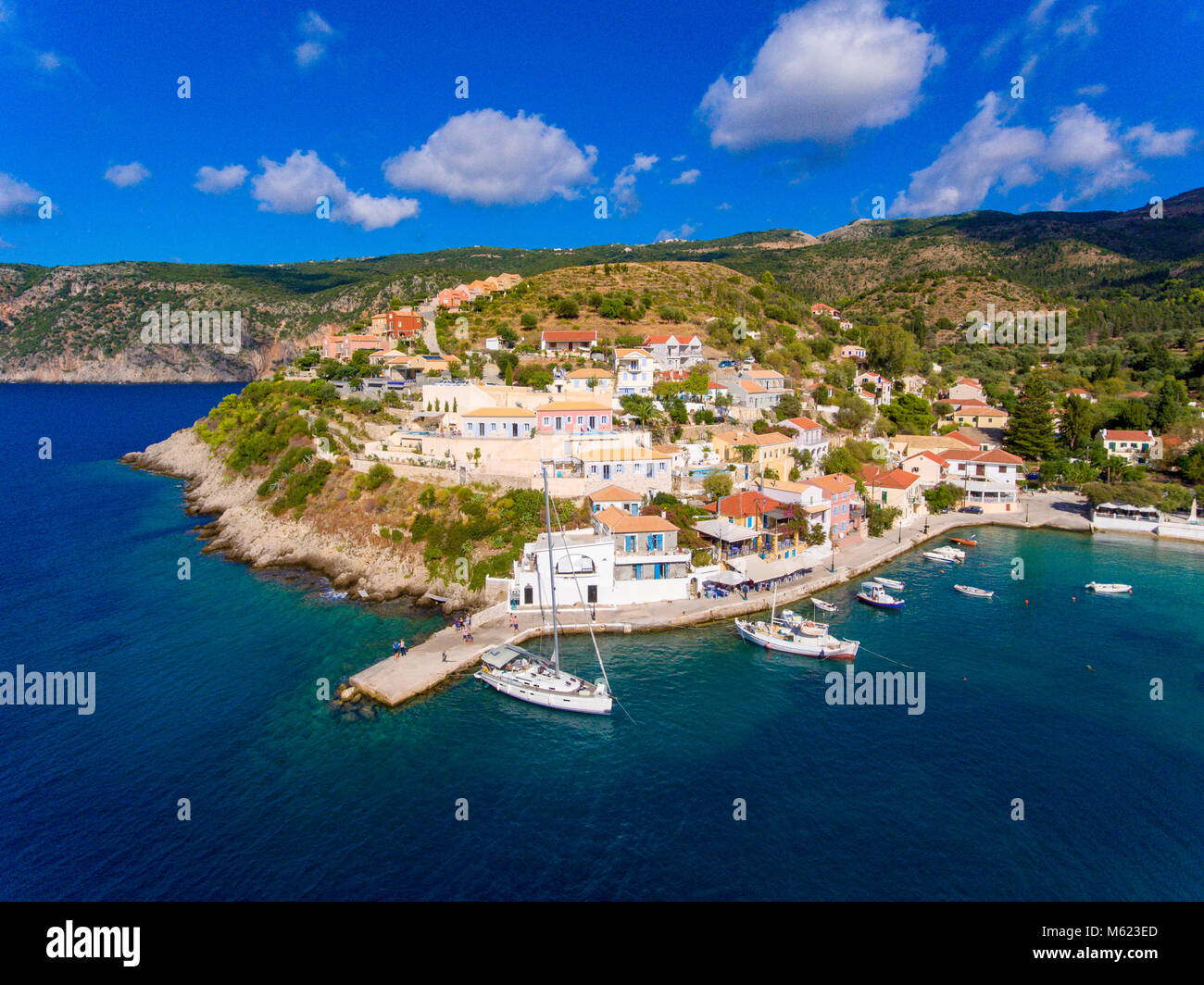 Aerial view of Assos Kephalonia fishing village  the most beautifull village on the island Stock Photo